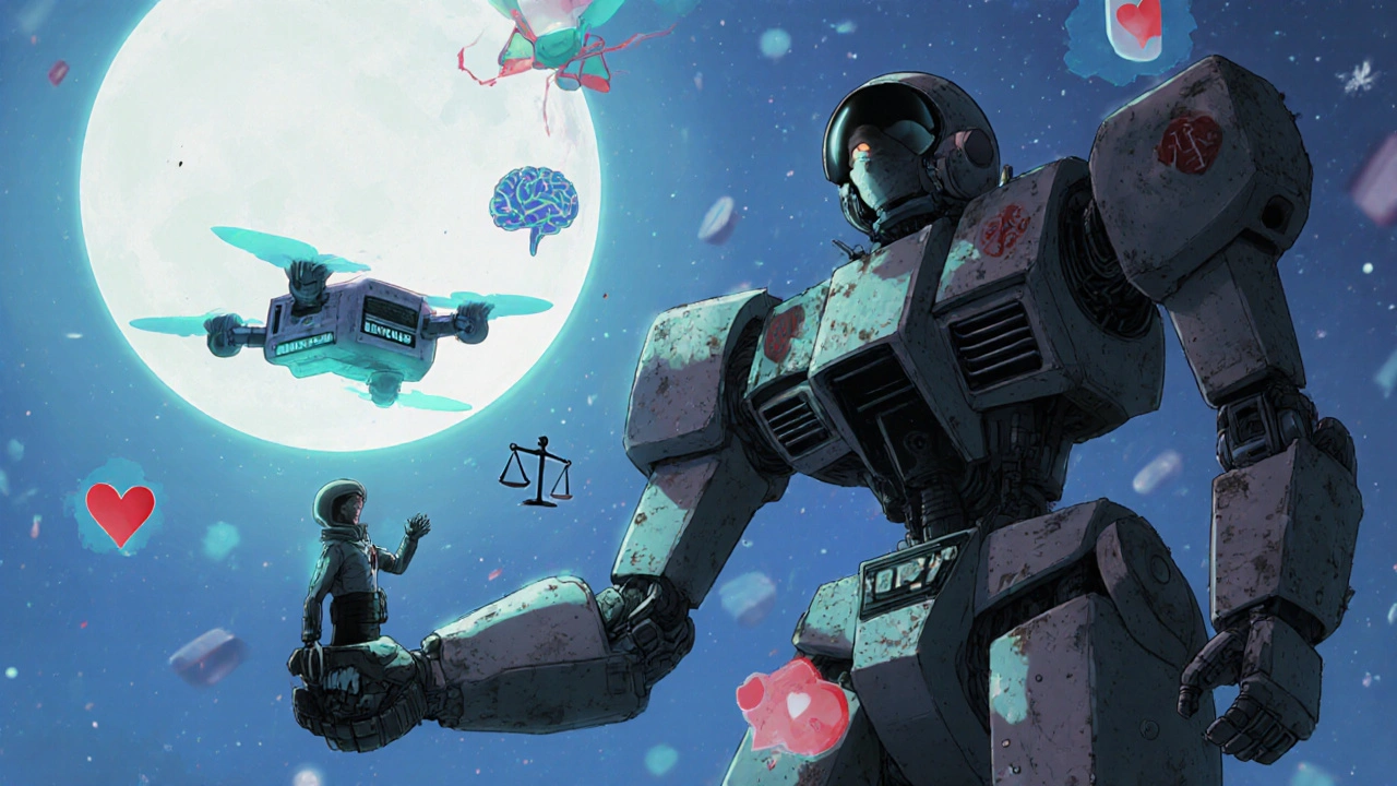 A pilot disconnecting from a large mech and reaching toward a small, clean drone labeled Ziprasidone.