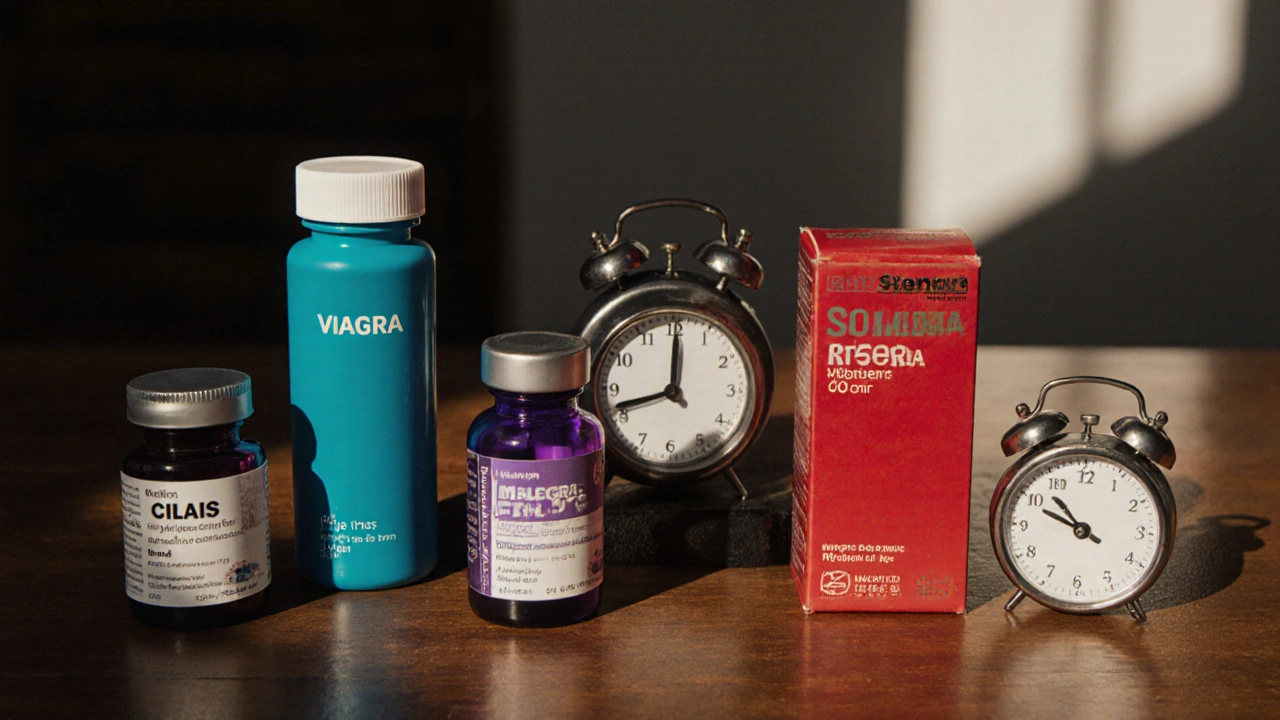 Assorted ED medication bottles on a table with a clock, highlighting Malegra FXT Plus in the center.