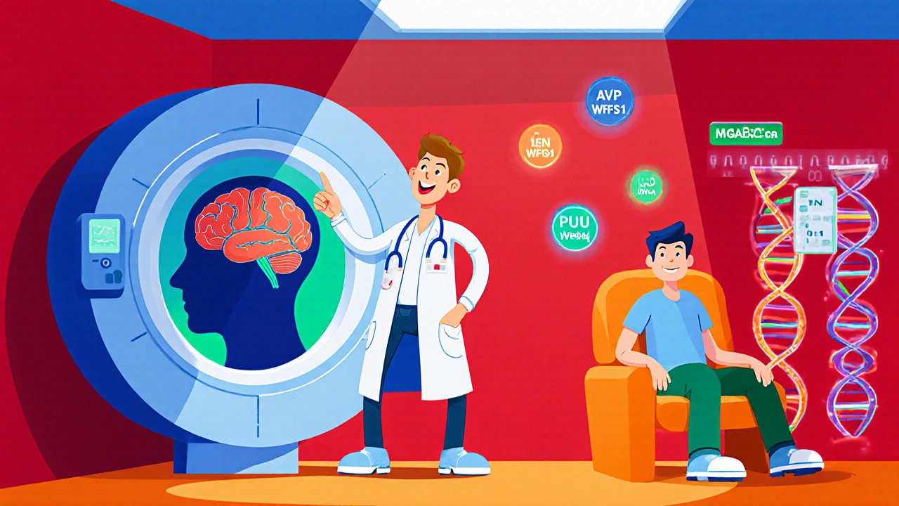 Cartoon doctor showing MRI and DNA sequencer with gene icons hovering near a patient.
