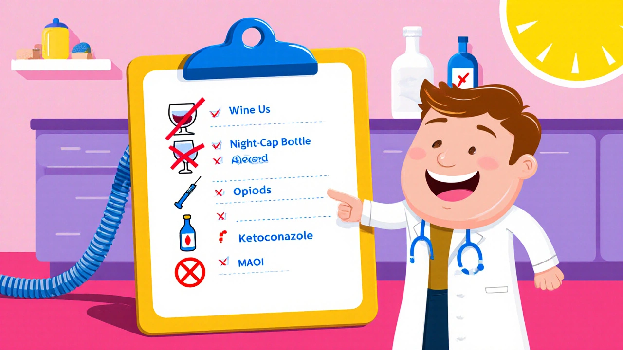 Cheerful pill and doctor check off alcohol, sedatives, and other interactions on a clipboard.