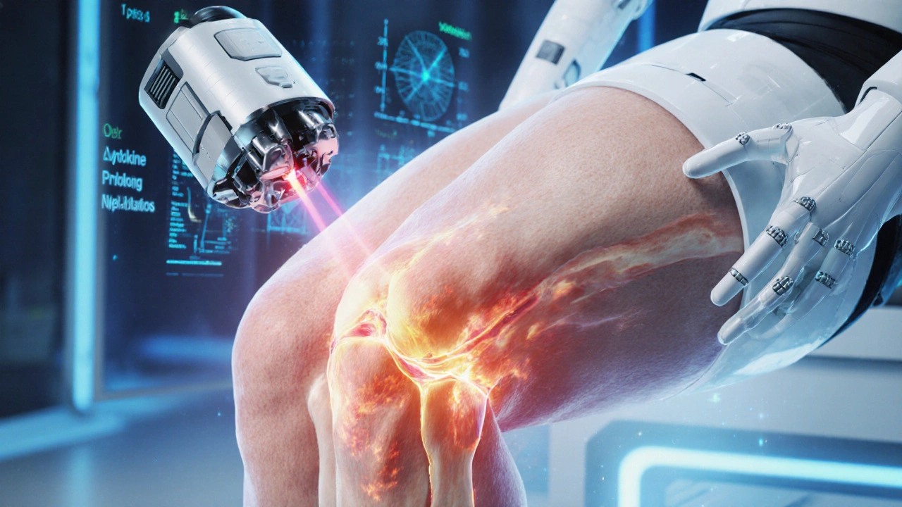 Close‑up of an inflamed knee joint with a diagnostic robot scanning it.