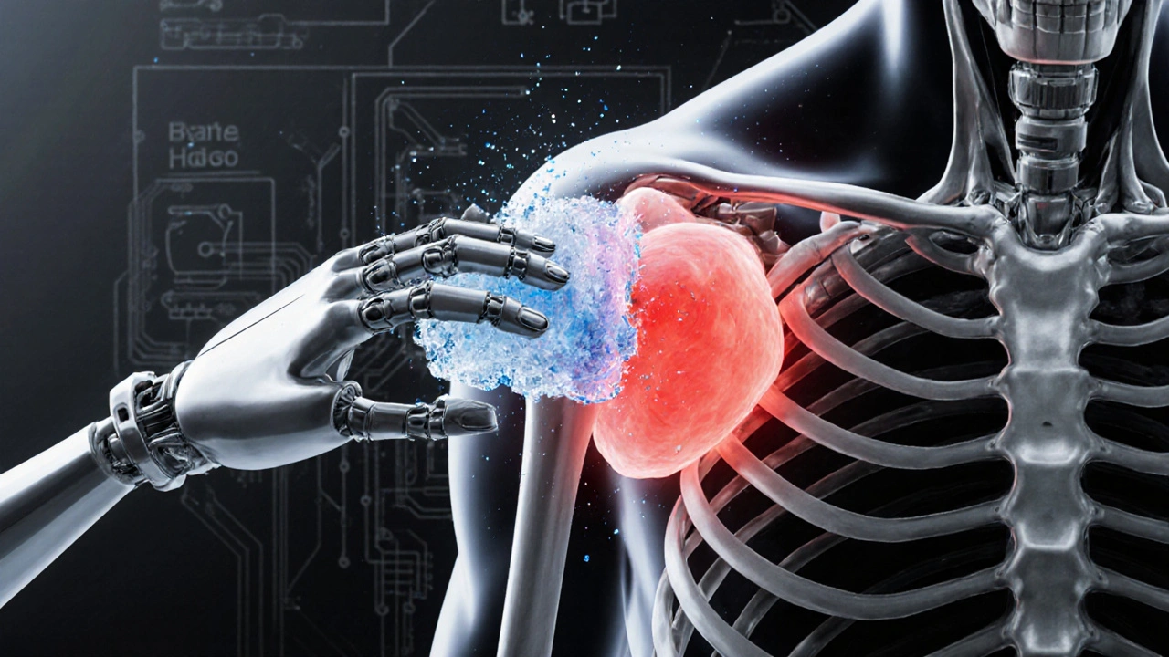 Close-up of an inflamed shoulder bursa with a robot applying an ice pack.