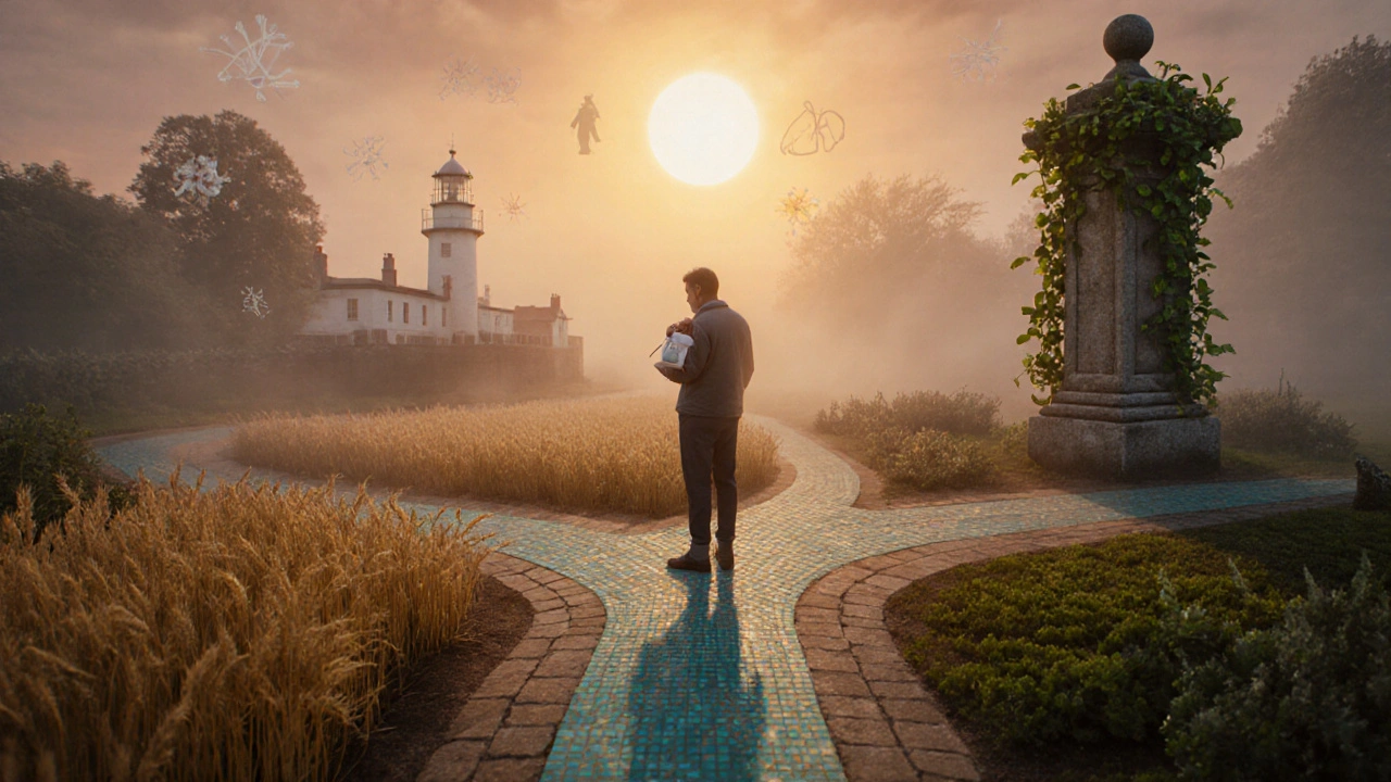 Crossroads in a misty garden showing three paths representing different antibiotic choices.