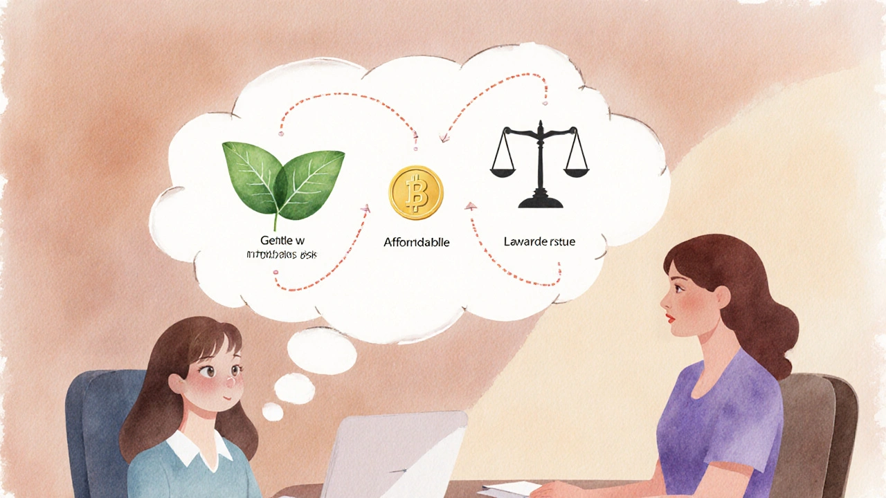 Doctor and patient discussing, thought bubble showing leaf, coin, and balanced scale representing treatment choices.