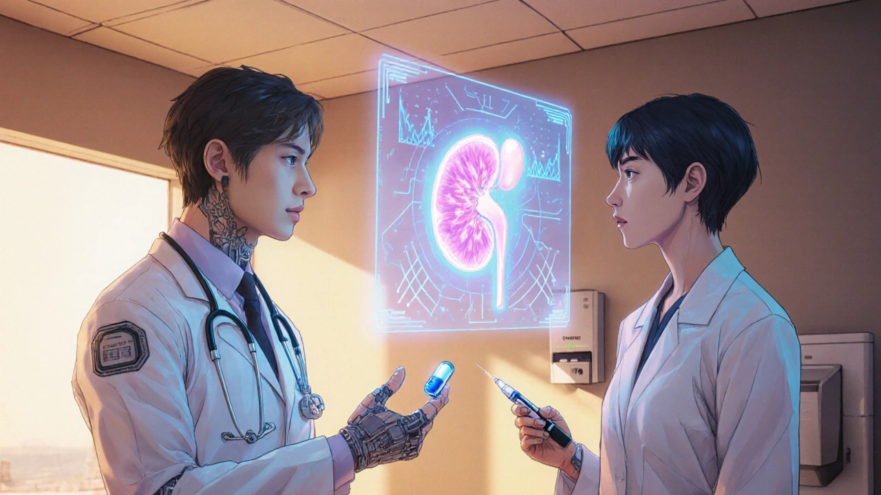 Doctor and patient reviewing a holographic glucose display in a high-tech clinic.