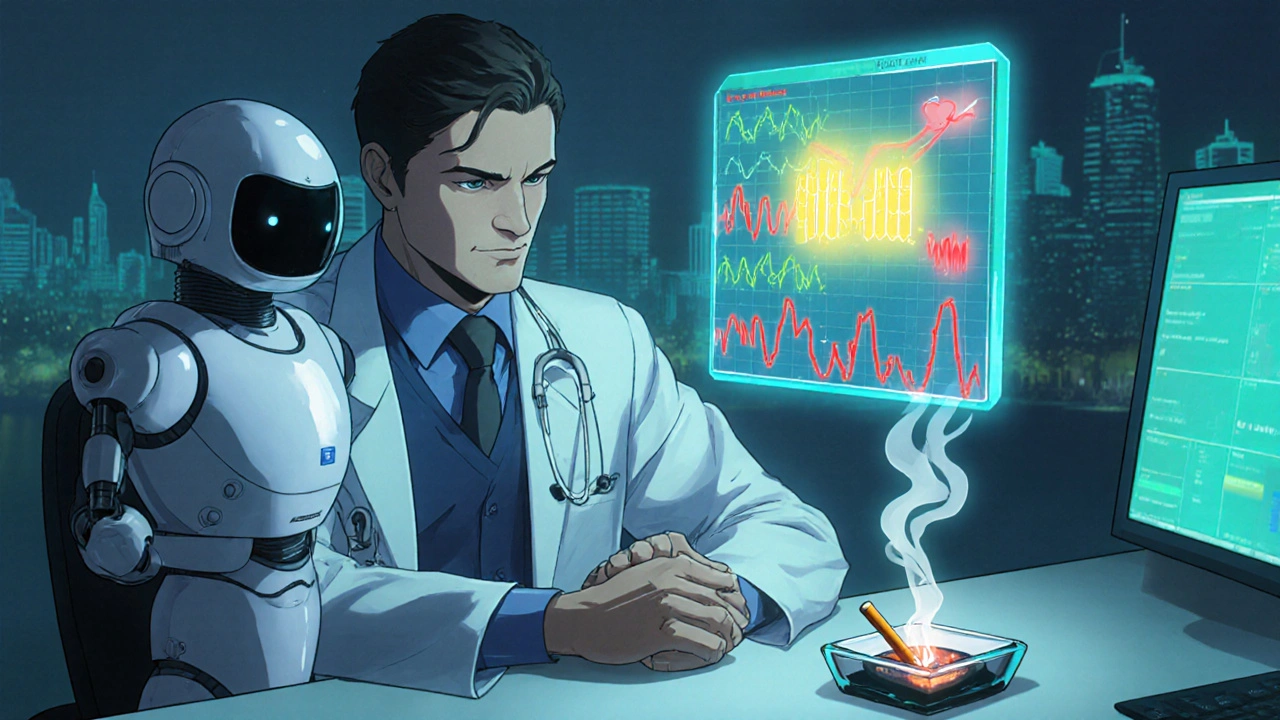 Doctor and robot review lab hologram linking smoking to high bilirubin and viral load.