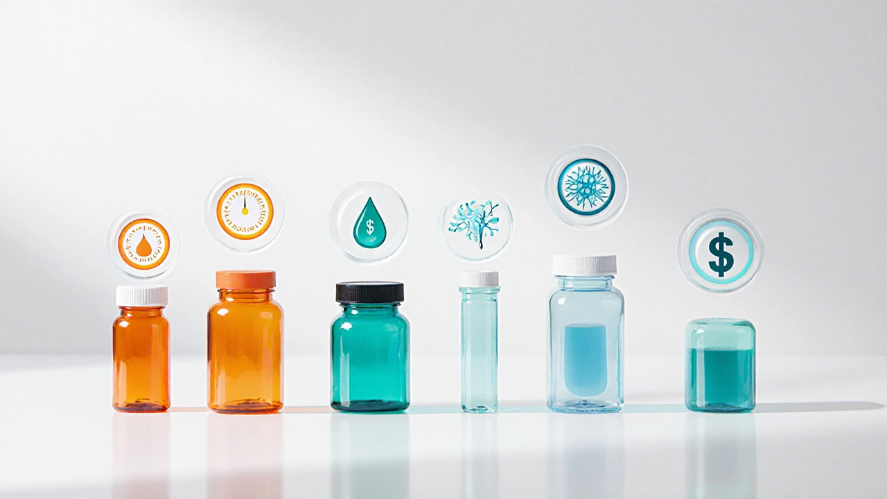 Eight medication bottles on a countertop surrounded by icons for metabolic risk, prolactin, EPS, and cost.