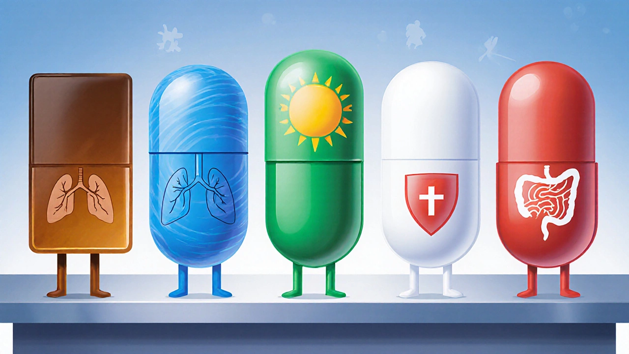 Five distinct antibiotic tablets displayed on a lab bench with visual cues for each drug.
