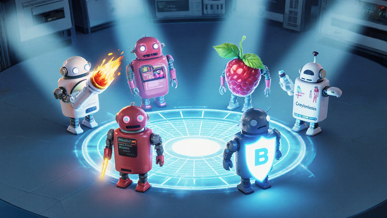 Five mini‑robots representing different urinary pain relievers surround a holographic display in a lab.