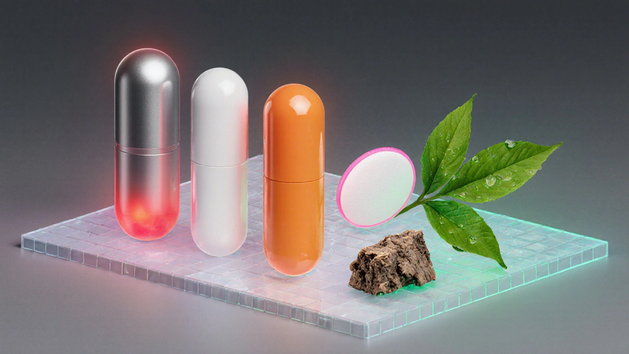 Five weight‑loss products on a floating grid, each with distinct color aura.