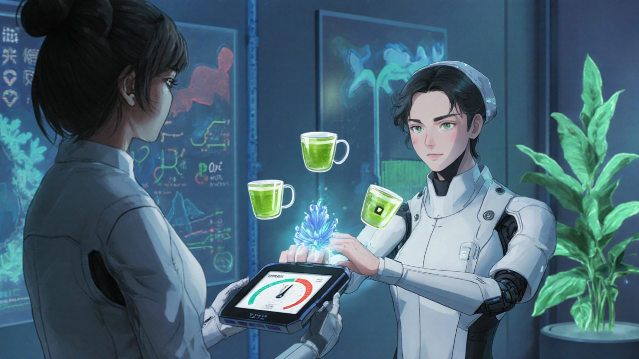 Futuristic clinic with holographic tea icons and bloodstream visualization.