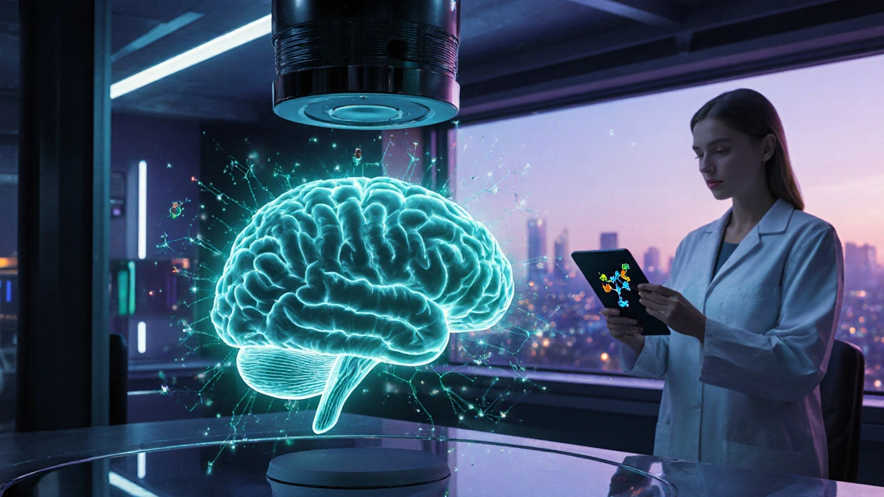 Futuristic lab with TMS coil over holographic brain and gene‑targeted drug display.