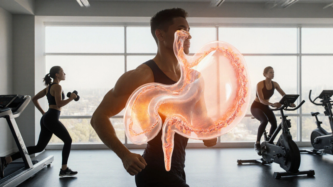 Gym scene with person performing cardio, strength, HIIT, and yoga, pancreas highlighted as clear and healthy.