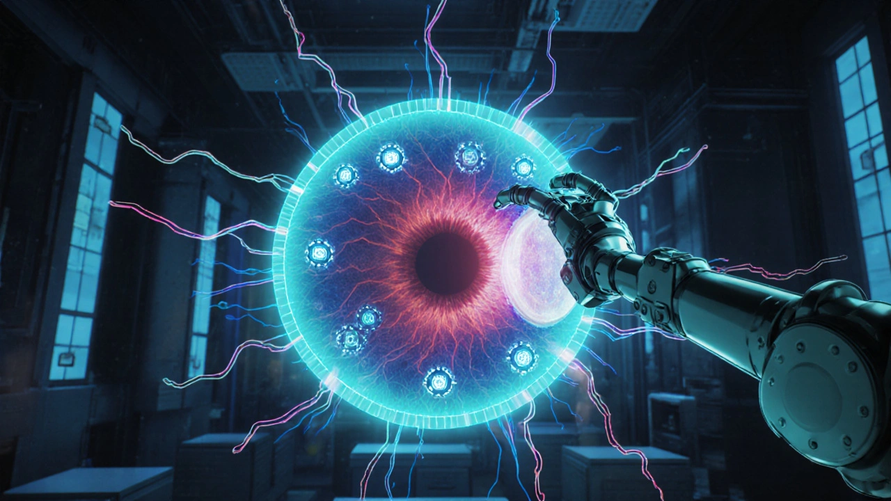 Holographic retinal view showing mechanized sodium channels being blocked.