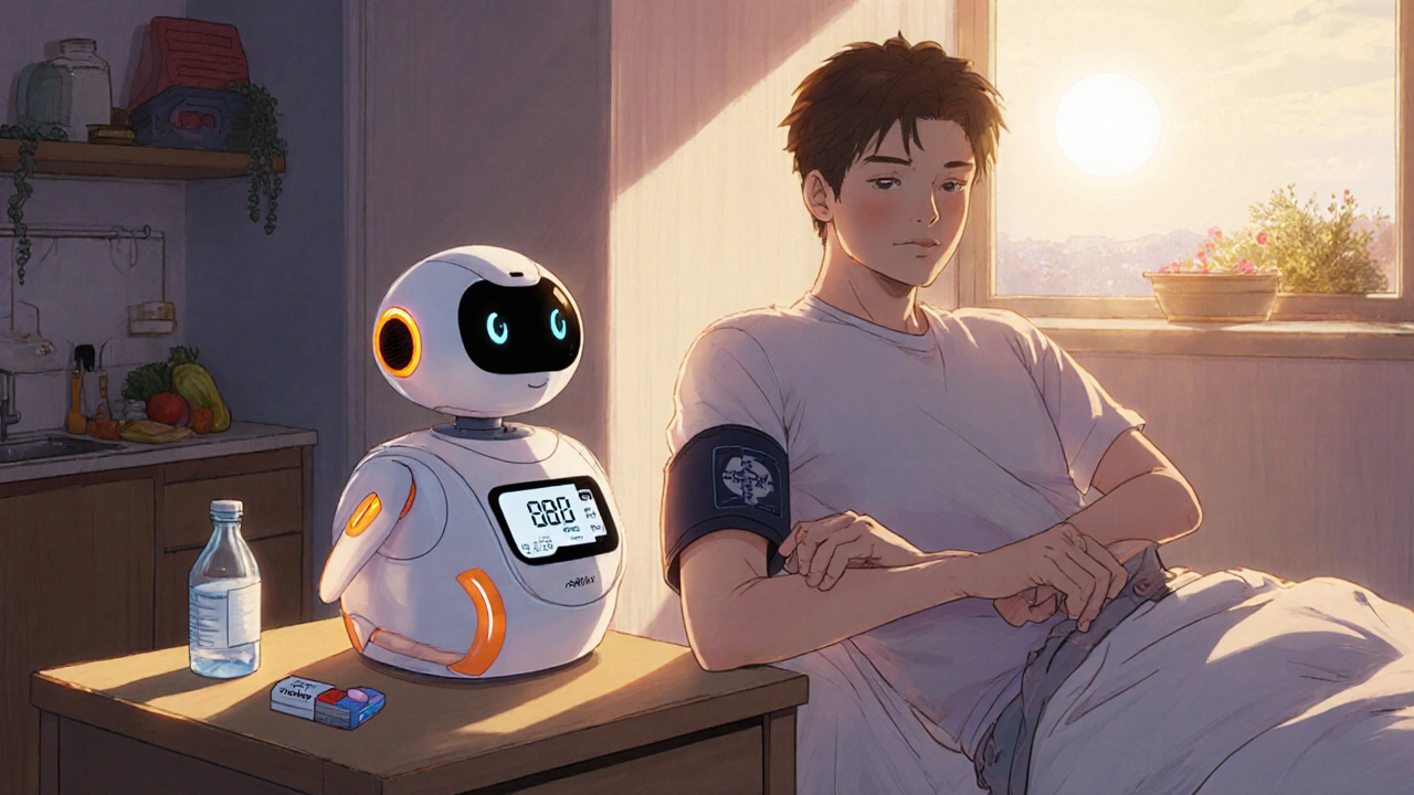 Home scene with a friendly robot recording blood pressure while a person follows a healthy routine.