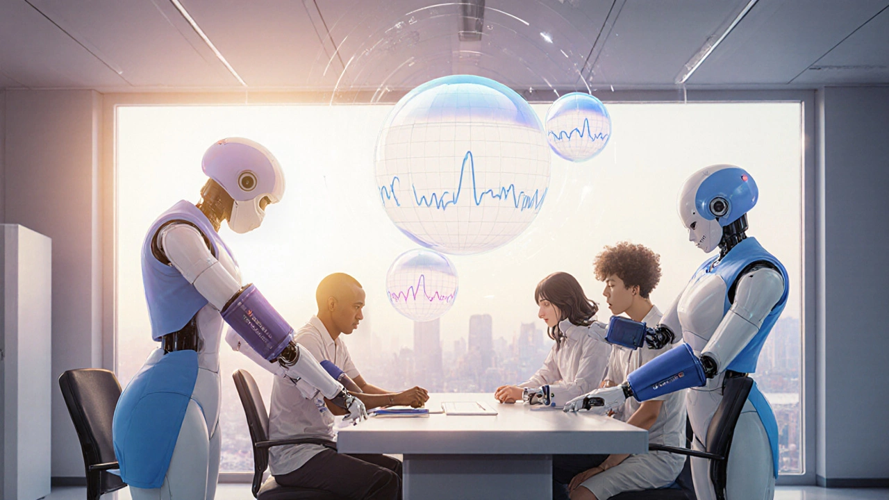Humanoid medical robots attaching blood pressure cuffs to patients in a trial setting.