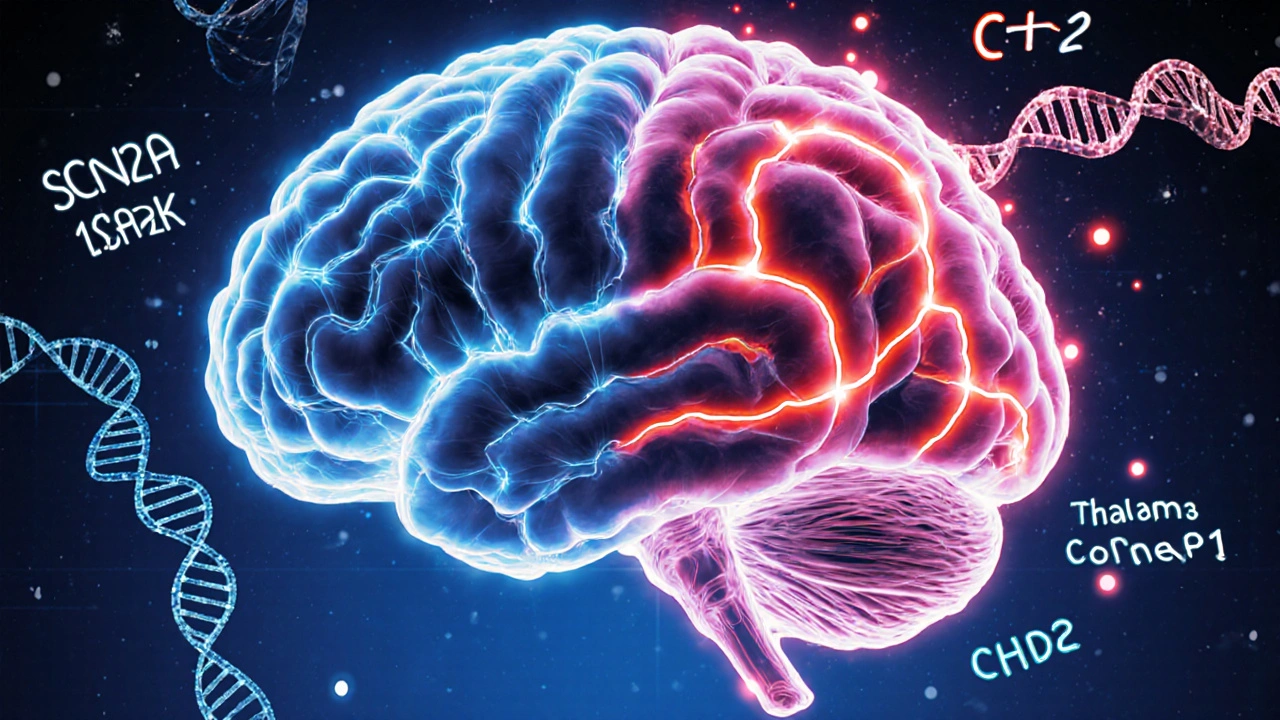 Illustrated brain showing disrupted connections and DNA strands of SCN2A, CHD2, SYNGAP1.