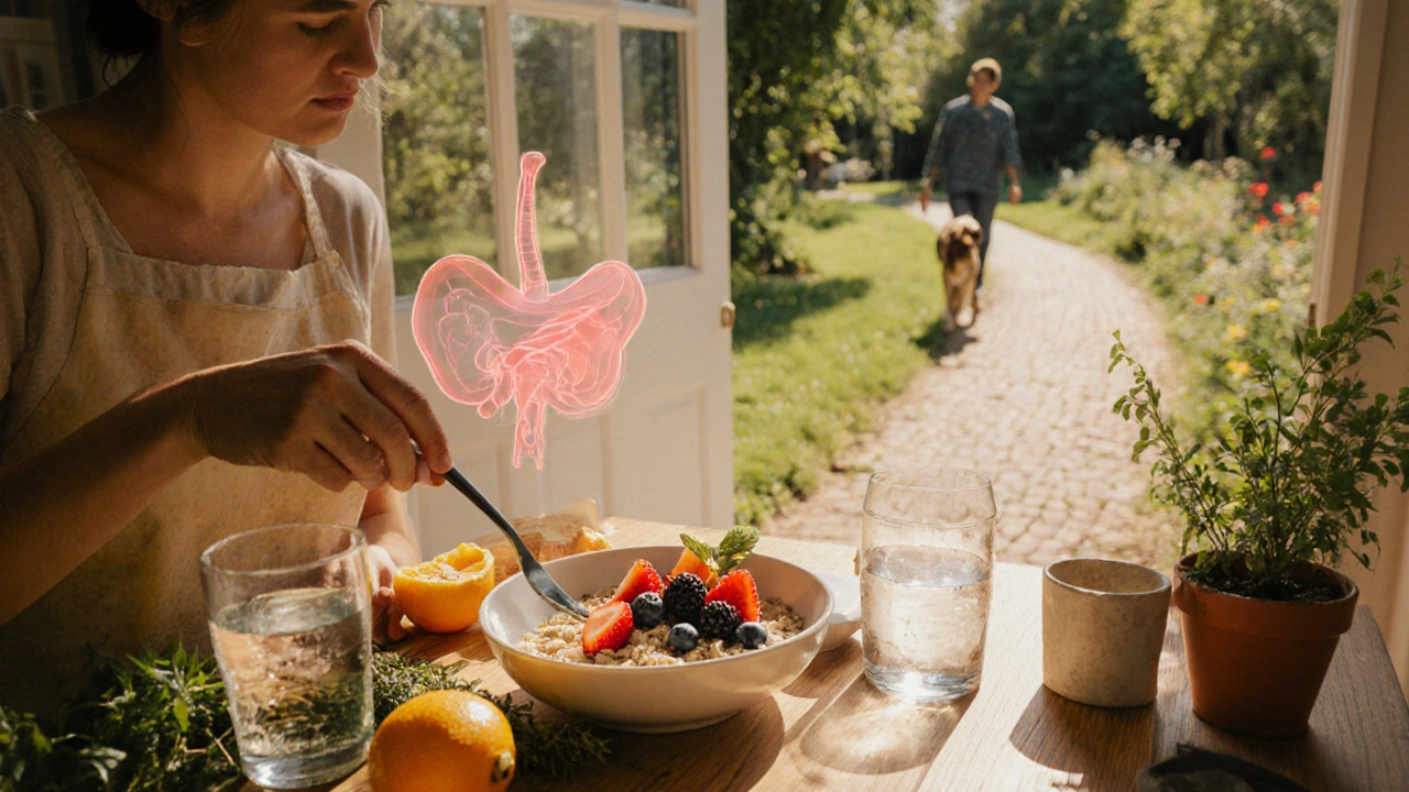 Kitchen garden breakfast prep followed by a park walk, showing a glowing healthy pancreas near the waist.