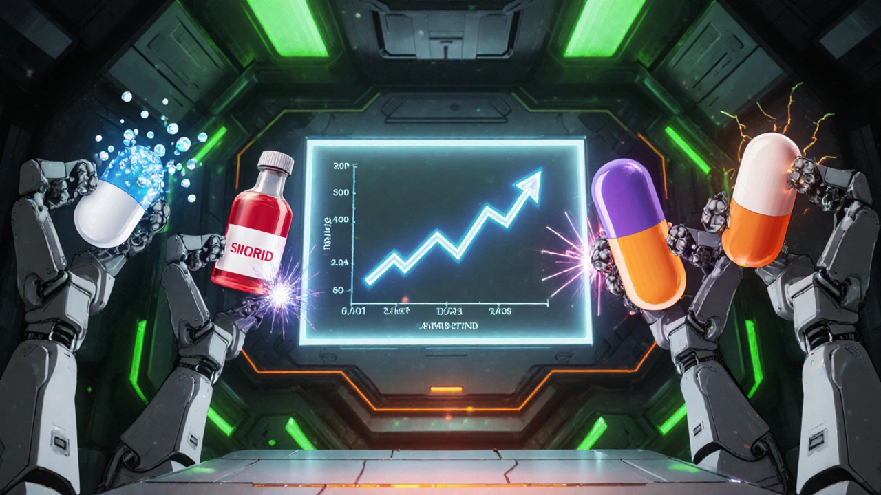 Laboratory with robotic arms showing icons for NSAIDs, steroids, SNRIs, and decongestants.