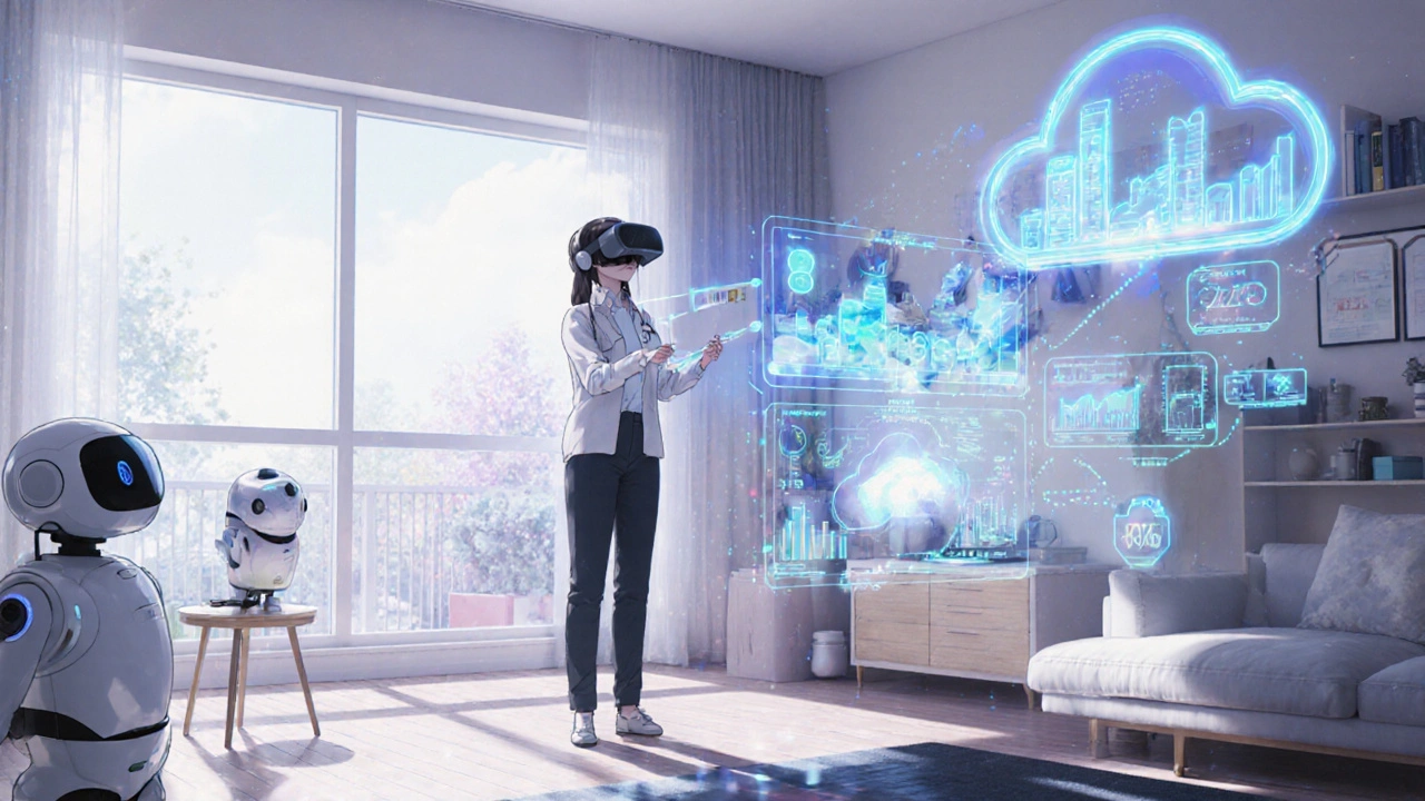 Living room with VR exposure, AI robot companion, and data holograms.