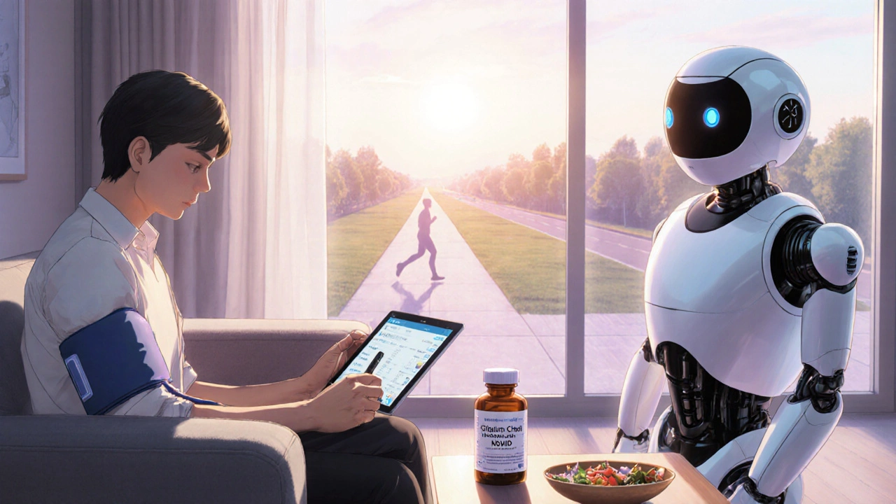 Patient checks home BP monitor while a robot logs data, beside a calcium‑channel blocker bottle.