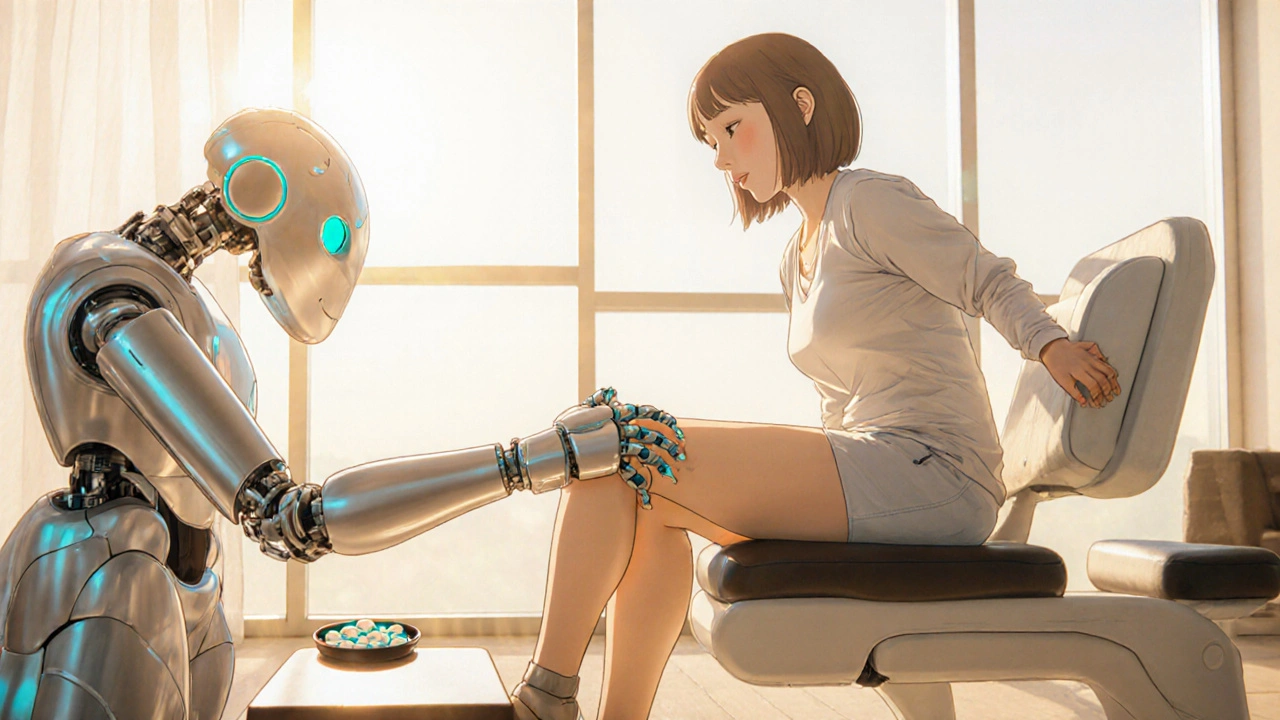 Patient doing knee exercises in a sunny clinic assisted by a therapeutic robot.