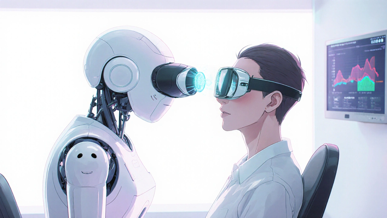 Patient wearing high‑tech goggles examined by a robot eye scanner.