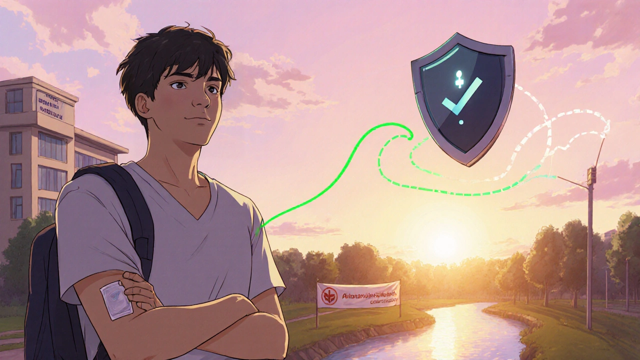 Patient with nicotine patch and robot shield shows stable drug levels at sunrise.