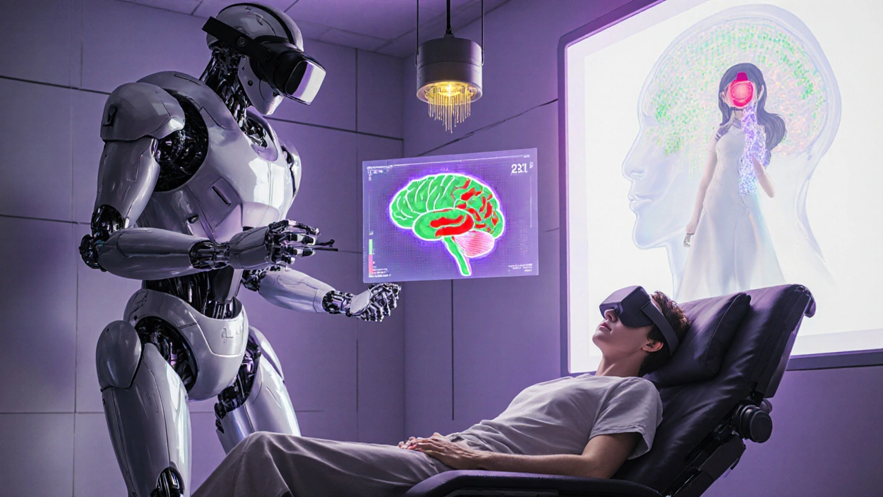 Patient with VR headset, TMS coil, and DBS robot arm in treatment room.