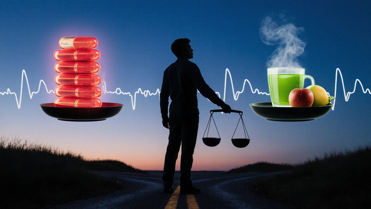 Person at a scale weighing Astralean capsules against green tea and fruit under twilight.