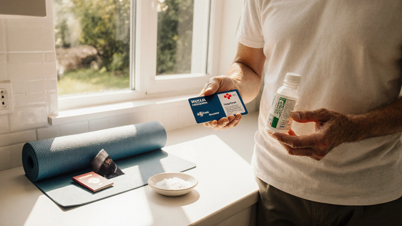 Person holding medical alert card and medication, with salt, yoga mat, and travel bag nearby.