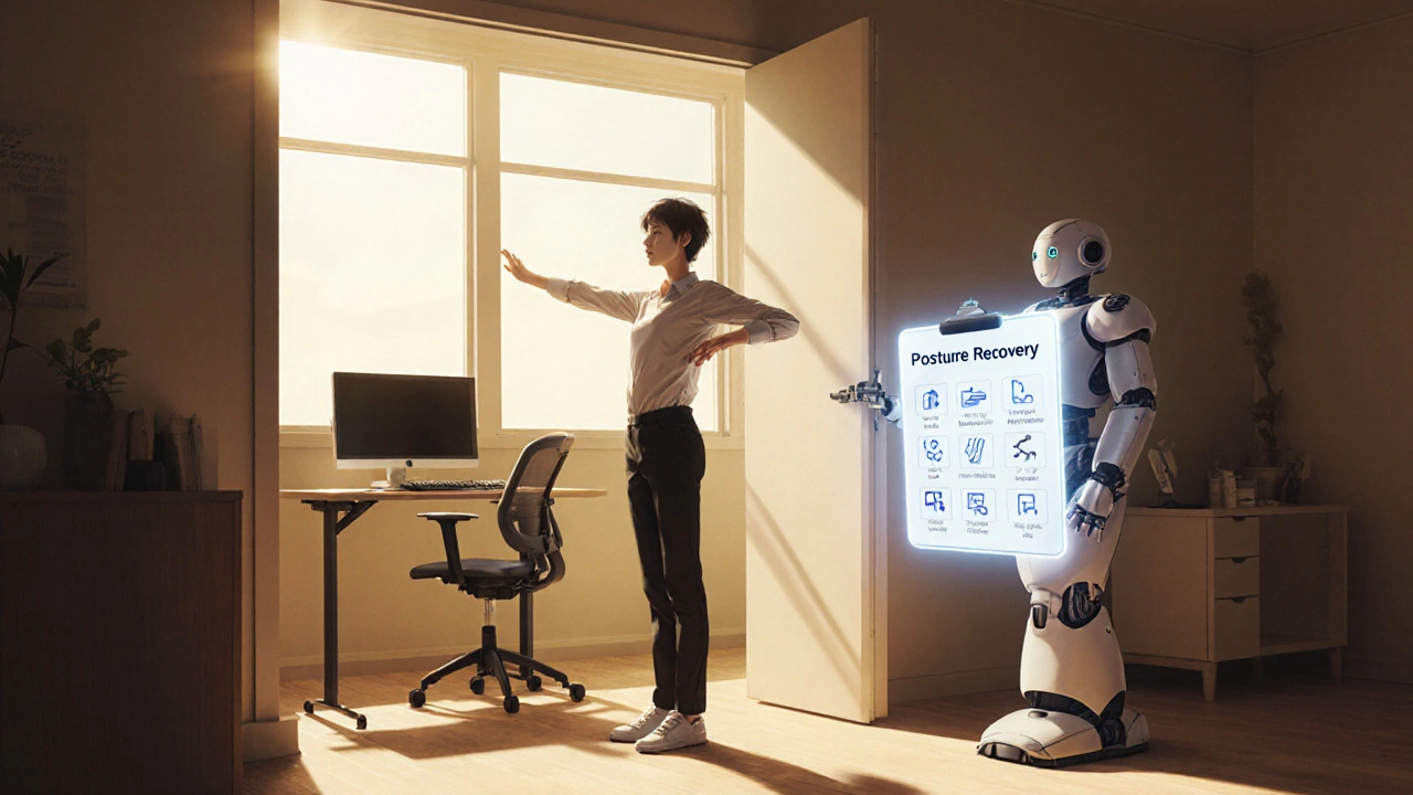 Person stretching with robot guidance at an ergonomic workstation, posture improved.