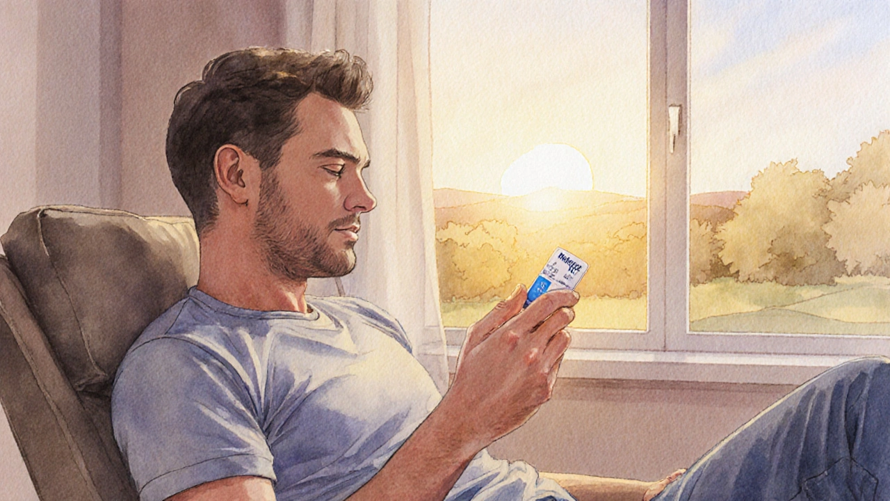 Relaxed man at home holding a single pill, sunrise light creating hopeful mood.