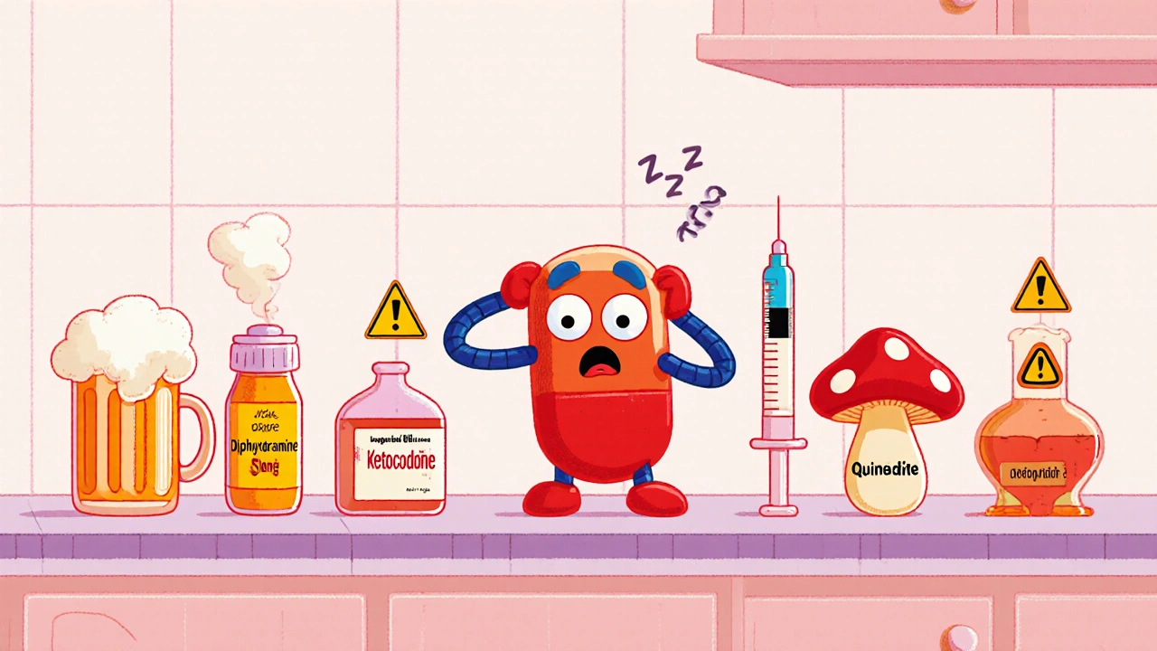 Rubber‑hose pill looks uneasy near beer, sleep aid, opioid, and enzyme inhibitor icons.