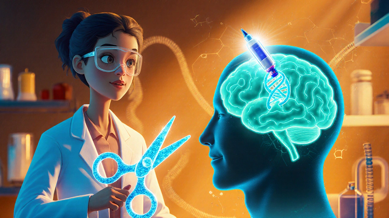 Scientist using CRISPR scissors to deliver a glowing AAV vector to a stylized brain.