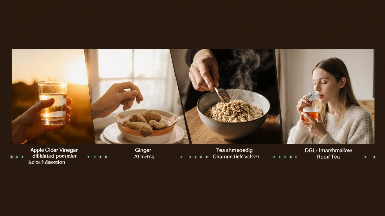 Sequence of a person drinking diluted ACV, adding ginger to oatmeal, sipping chamomile tea, then DGL tablet and marshmallow tea.