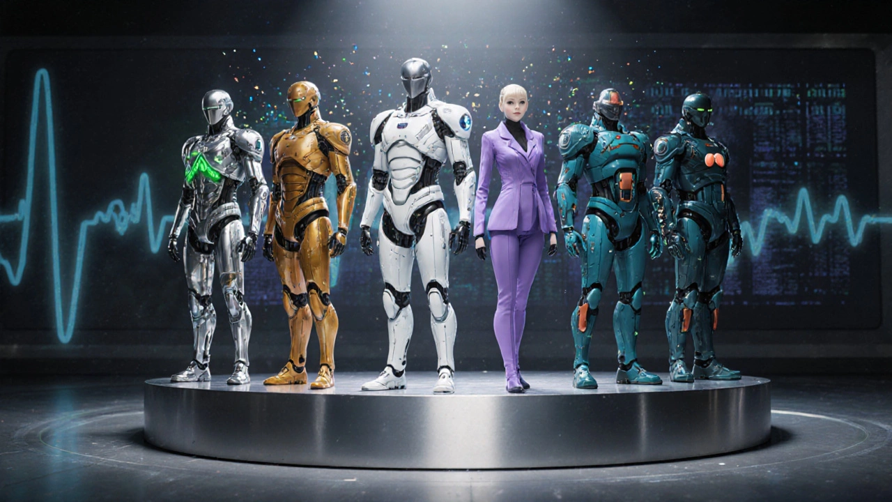 Six futuristic drug avatars lined up on a steel podium, each with distinct armor.