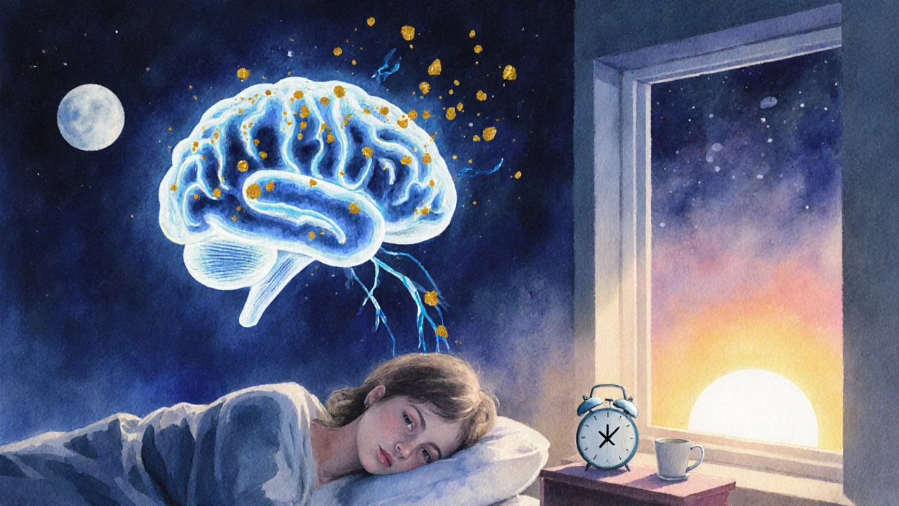 Sleeping figure under moonlit room with glowing glymphatic channels clearing brain waste, suggesting recovery.