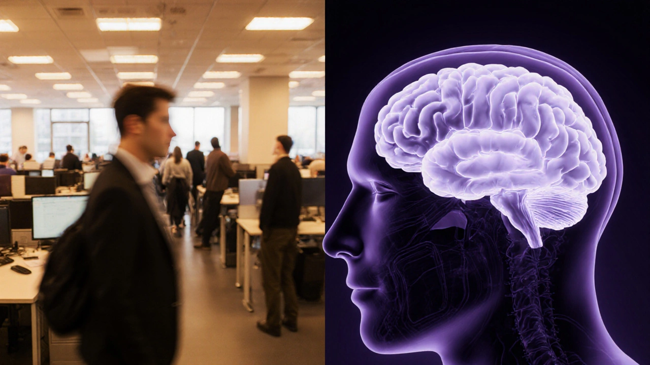 Split scene of blurred office worker and dimmed prefrontal cortex, depicting impaired attention and memory.