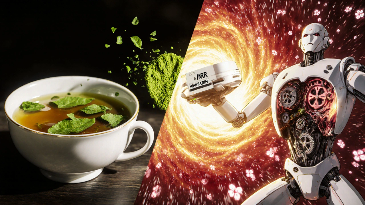 Split scene of brewed green tea versus matcha vortex affecting blood clotting.