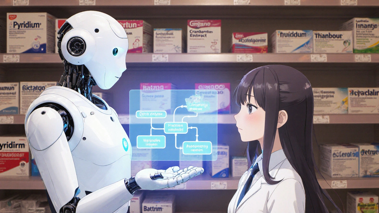 Teen girl consulting a medical robot in a pharmacy, holographic decision tree showing treatment options.