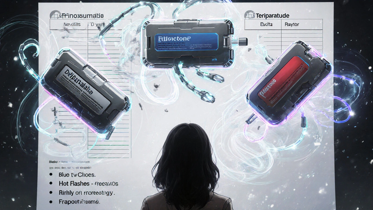 Three robotic guardians representing osteoporosis drugs floating above a medical chart