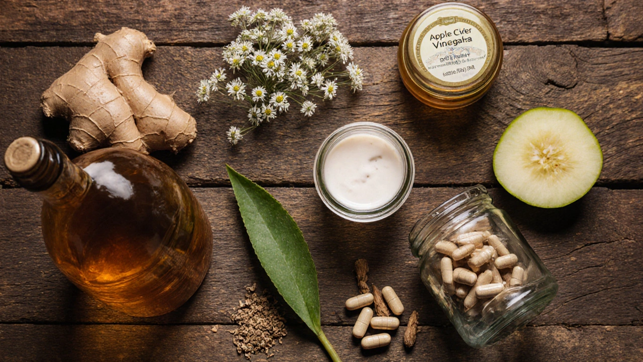 Top‑down view of ginger, chamomile, DGL tablets, aloe leaf, apple cider vinegar, probiotics, and marshmallow root.