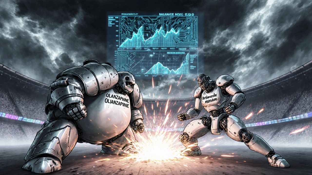 Two robotic warriors labeled Olanzapine and Aripiprazole battling in a high-tech arena.