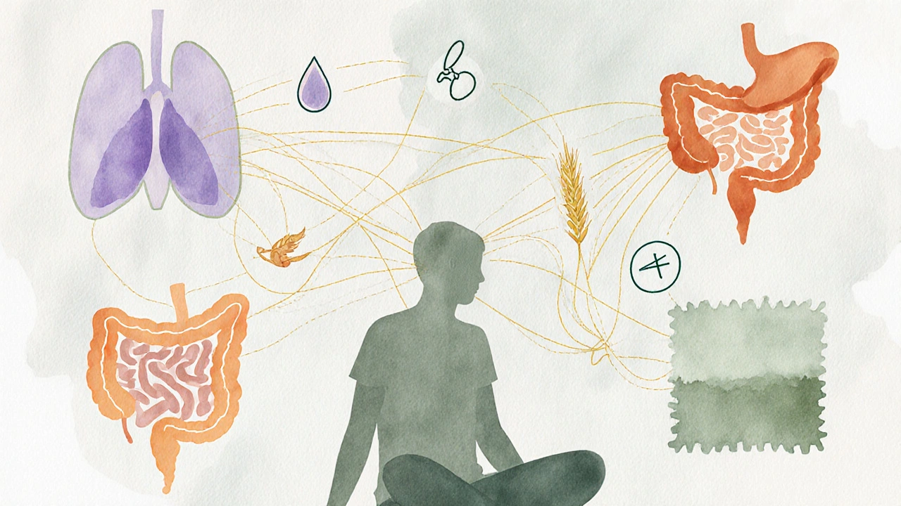 Watercolor illustration of linked organs representing multiple autoimmune diseases.