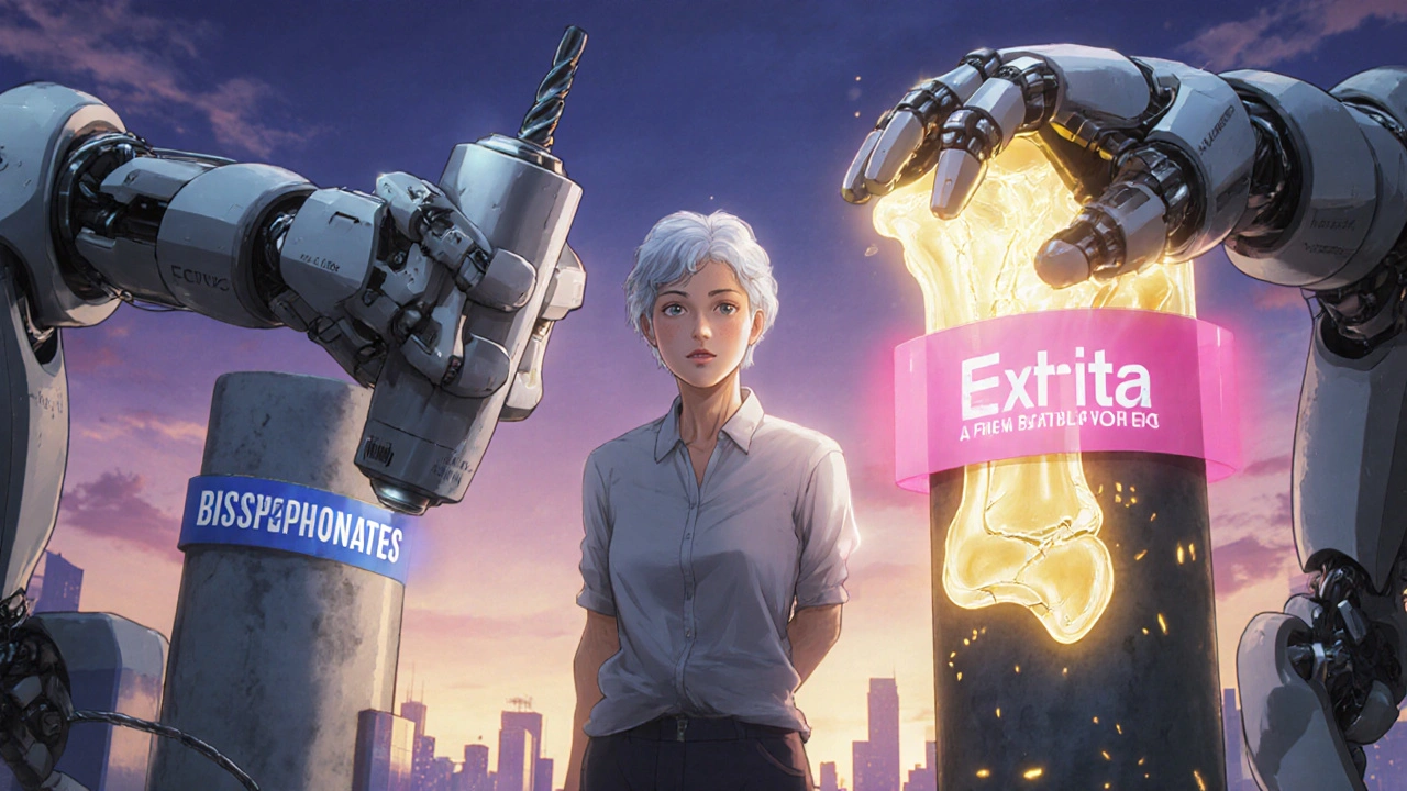 Woman between two robotic arms—one breaking bone, one protecting it with light