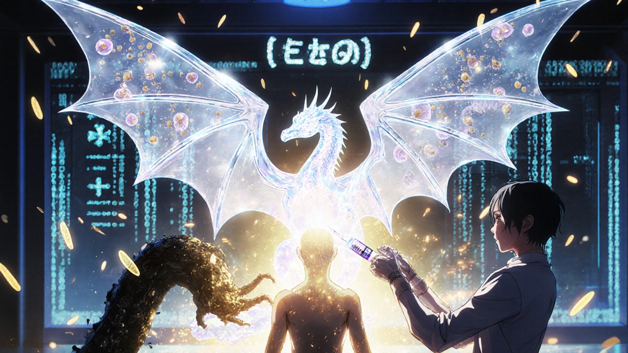 A biologic injection transforms into a crystalline dragon that dissolves harmful shadows, restoring patient energy.