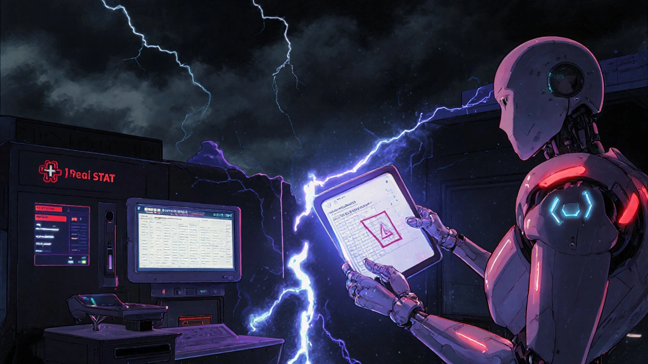 A broken digital connection between hospital and home systems is bridged by a glowing printed dosing chart in a cyberpunk-inspired scene.