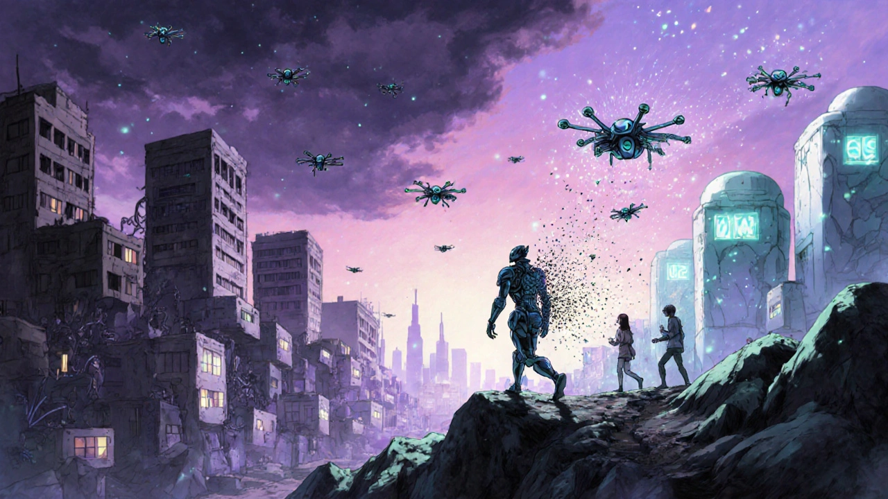 A city divided between OCS oppression and biologic freedom, with a patient hiking as a radiant robot warrior.