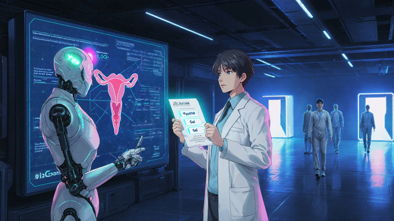 A doctor and patient examine a holographic hormonal axis disrupted by opioids, with treatment options glowing nearby.